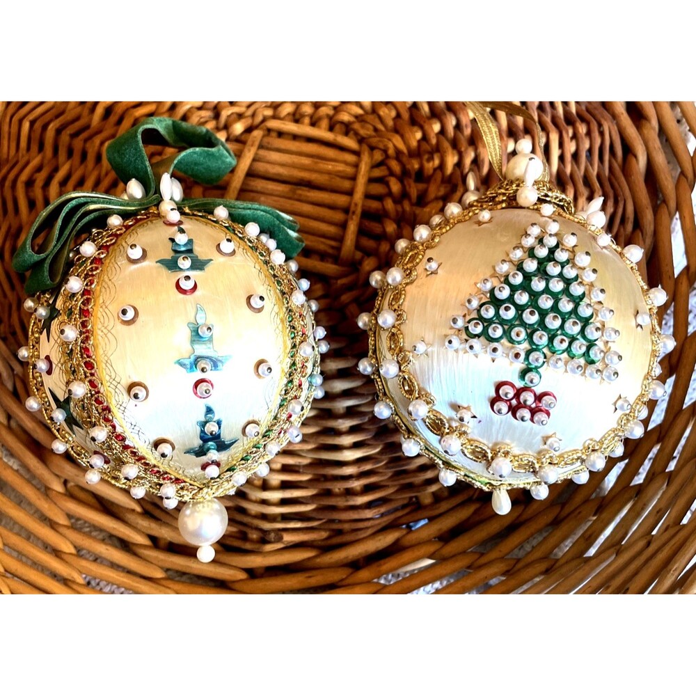 Lot of Vintage Handcrafted Hand Made Push Pin Beaded Silk Christmas Ornaments